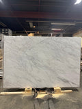 Arabescato natural marble slab polished finish, 72-inch by 110-inch (55 sq. ft.), white marble with bold gray veining—ideal for countertops, walls, and flooring.