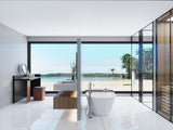 Bianco River polished porcelain tile in white and grey marble look, ideal for bathroom, floor, and backsplash use.