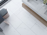Bianco River polished porcelain tile in white and grey marble look, ideal for bathroom, floor, and backsplash use.